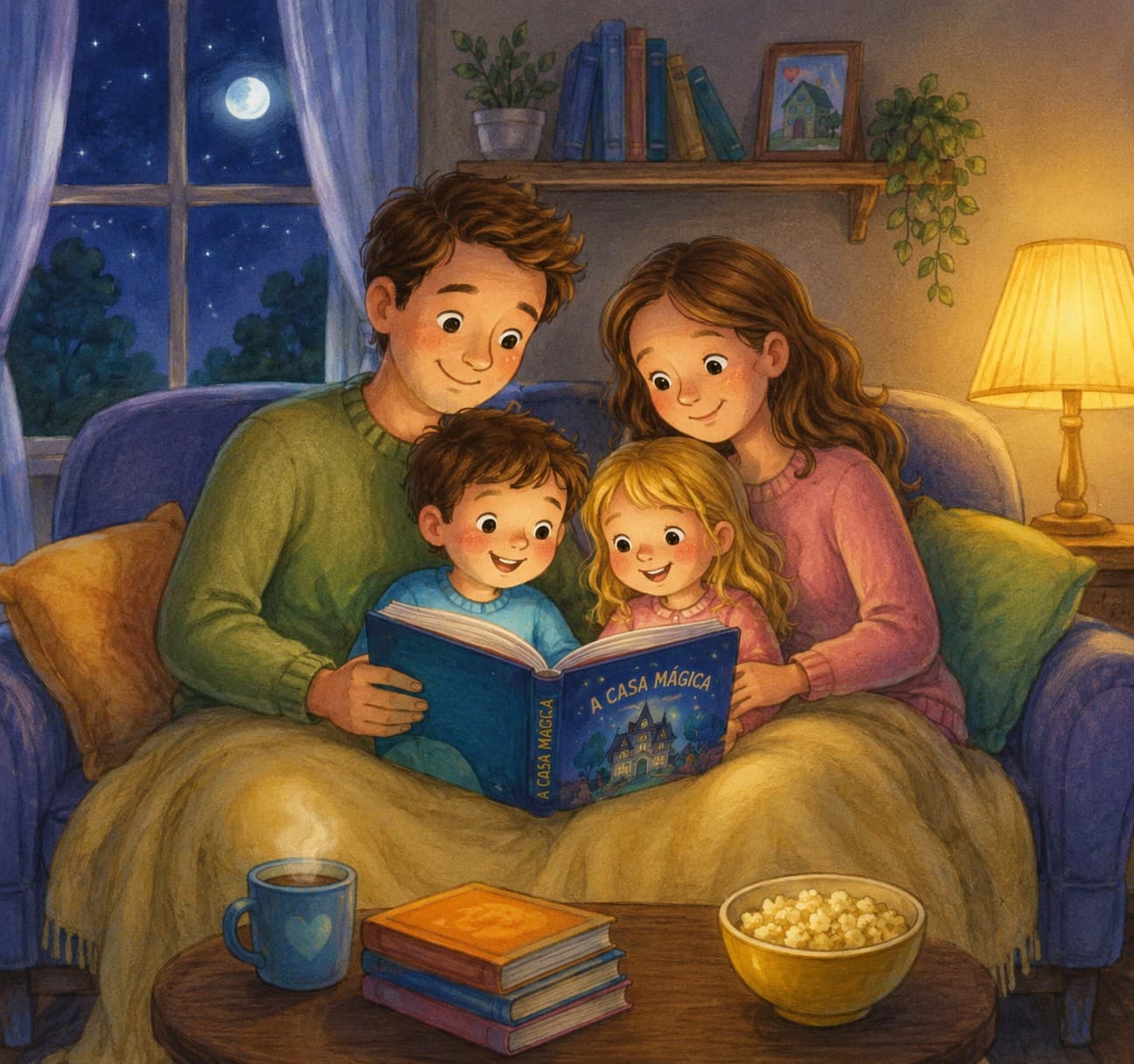 Pais e filhos no sofá, envolvidos em uma leitura conjunta, em um ambiente aconchegante